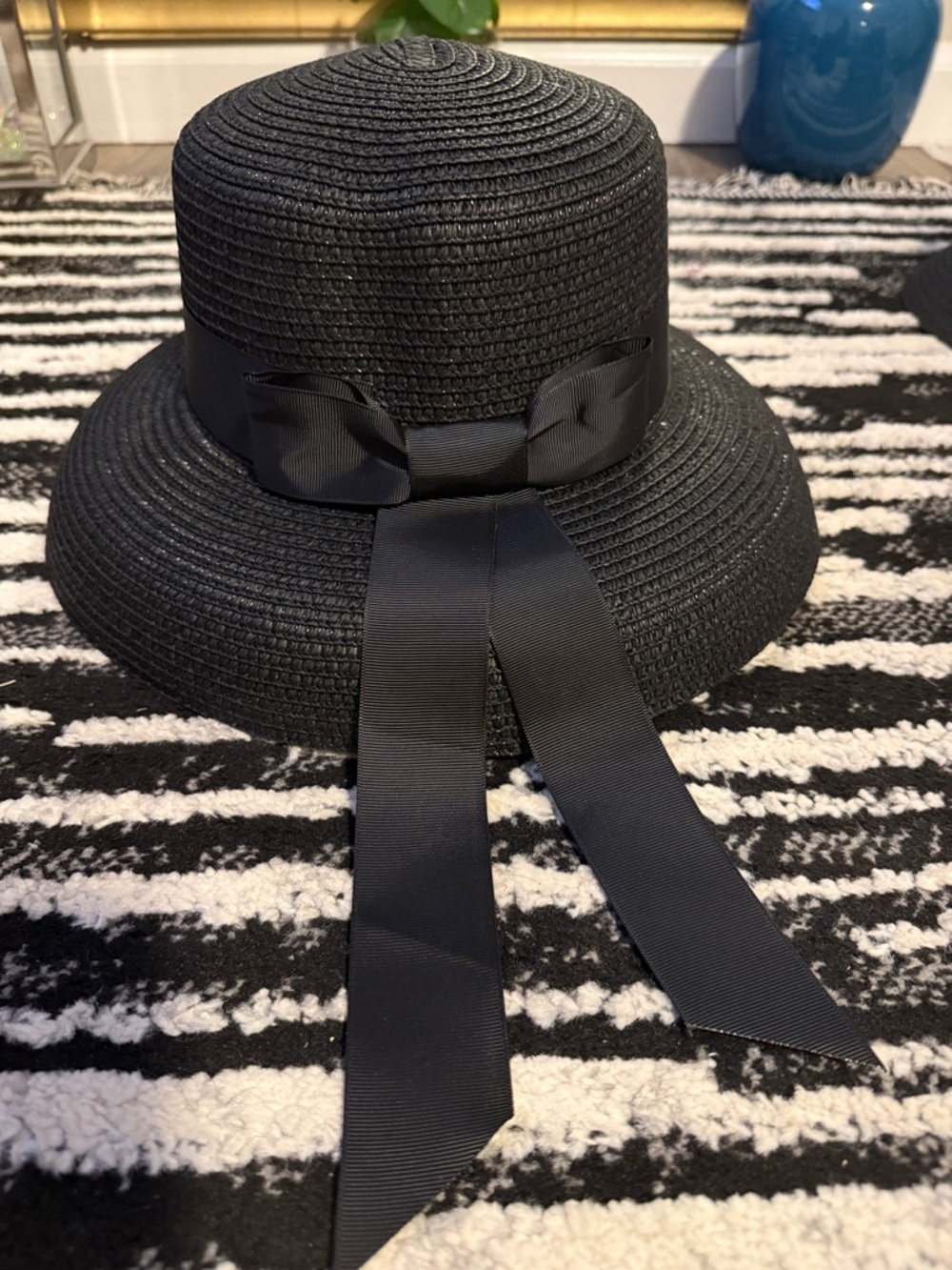Natasha Couture Black Straw Sun Hat with Ribbon Tie